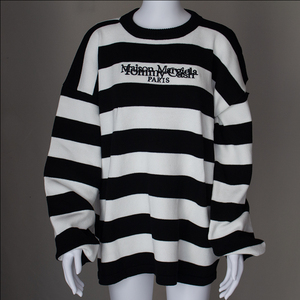 margiela风格黑白条纹针织衫马吉拉mm6破洞宽松版毛衣圆领原创