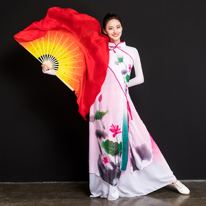 真丝扇舞蹈扇跳舞扇加长双面秧歌扇开场舞扇子彩扇红色渐变
