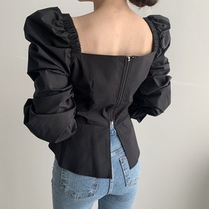 小心机设计感后背拉链锁骨泡泡袖衬衫女洋气百搭大码早秋显瘦上衣
