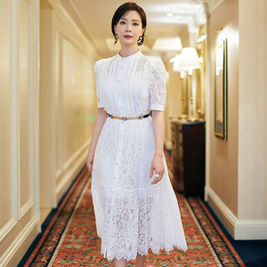 tuxee陈数同款白色蕾丝连衣裙女22夏季新款修身五分袖中长裙子潮