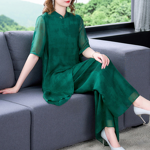 真丝桑蚕丝套装女夏高端大牌民族风贵夫人妈妈大码女装品牌两件套