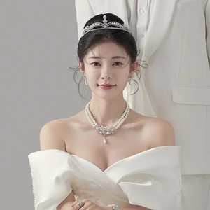 新款复古双层珍珠项链新娘婚纱礼服配饰优雅choker锁骨链耳环套装