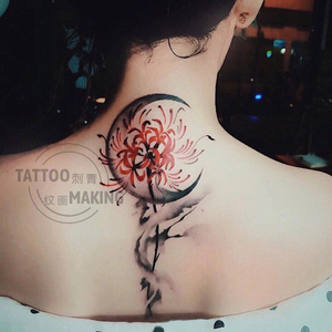 【新款】纹身贴彼岸花月亮中国水墨风后背脖子女男暗黑系防水持久