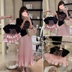 2024新款潮夏季亲子装韩版母女装字母印花短袖T恤粉色百褶裙套装