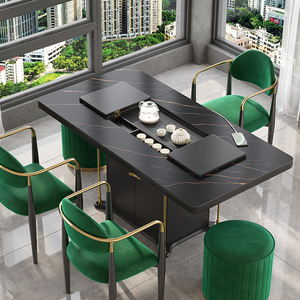 轻奢岩板茶台餐桌一体式办公室洽谈泡茶桌简约现代家用茶桌椅组合