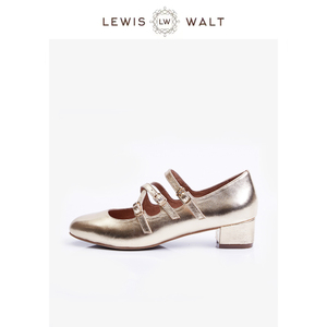 Lewis Walt【金色圆头软羊皮玛丽珍单鞋】一字带套脚粗跟低跟鞋女