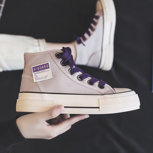 夏季紫色高帮帆布鞋女鞋2024年新款春款爆款布鞋百搭休闲学生板鞋
