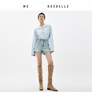 罗谢尔夫人3412褶皱牛仔短裤女设计感夏季浅蓝色宽松a字显瘦热裤