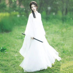 白色直裾汉服女古装夏季薄款中国风改良广袖流仙裙魏晋古风南北朝
