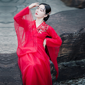 大红色汉服女夏季古风原创中国风超仙气古装广袖流仙裙改良连衣裙