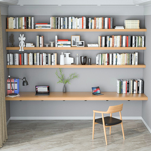办公满墙一字板桌全实木挂墙书桌书架组合卧室悬空双人壁挂电脑桌