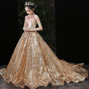 女童高端晚礼服公主裙霸气拖尾超长女童走秀演出服花童主持人洋气