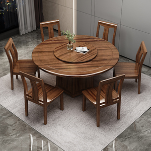 乌金木实木餐桌椅组合吃饭大圆桌子轻奢岩板家用10人带转盘新中式