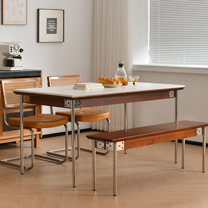 岩板餐桌家用小户型北欧复古实木餐桌椅子组合长方形饭桌原木家具