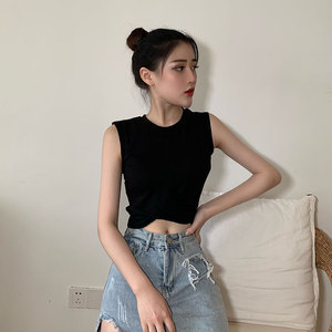黑色吊带露脐背心女t恤高腰内搭百搭好纯棉短款打底衫漏肚脐上衣