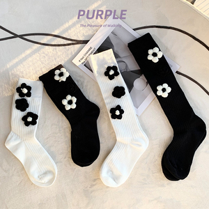 purple guys手工黑白毛线花朵袜子女春秋日系纯棉小腿袜jk中筒袜