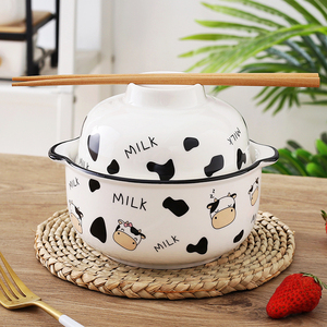 ins可爱奶牛双耳带盖泡面碗少女心宿舍家用早餐沙拉碗陶瓷碗czpchy