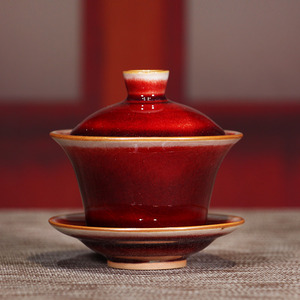 钧瓷李亚鹏拉丝红盖碗家用陶瓷茶杯过滤组茶海杯敬茶碗高端茶器