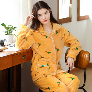 罗丽丝专柜睡衣女加厚珊瑚绒长袖大码法兰绒家居服保暖秋冬套装