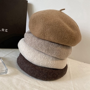 日本贝雷帽小头围秋冬羊毛呢蓓蕾帽复古棕色咖色米色女帽子分尺码