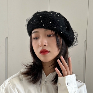 00芝916741463淘宝法式英伦赫本礼帽毛呢帽子春秋走t台女式复古缎带