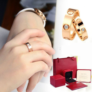 cartier/卡地亚戒指女18k玫瑰金镶钻情侣对戒男士求婚指环经典款