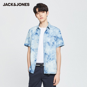 jackjones杰克琼斯男士春季潮流新疆棉印花扎染短袖牛仔衬衫上衣