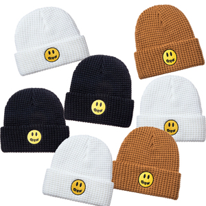 drew house华夫格格纹冷帽情侣同款笑脸毛线针织帽子男女潮牌青春