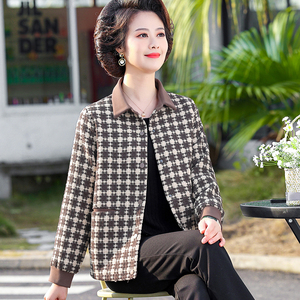 中年妈妈春秋格子外套时尚短款上衣洋气中老年女装春装翻领衣服薄