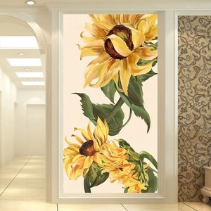 现代简约入户进门墙壁画轻奢手绘治愈向日葵玄关壁纸走廊过道墙布