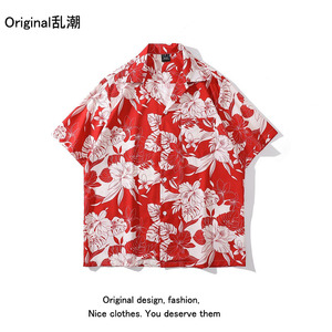 欧儿同款红扶桑花衬衫男女他泰国2022年夏威夷港风花卉短袖衬衣夏