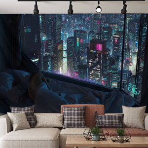 潮牌个性大号赛博朋克挂布未来城市电视墙布卧室房间改造挂毯成品