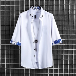 冰丝衬衫男高级感痞帅韩版男士短袖七分袖白衬衣修身夏季中袖寸衣