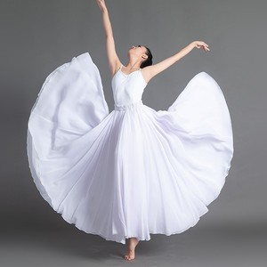 白色雪纺双层古典舞蹈半身大摆长裙女现代舞飘逸练功跳舞演出纱裙