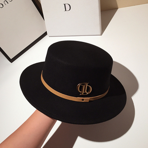 欧洲站大牌纯羊毛礼帽女秋冬季英伦复古百搭平顶爵士帽羊毛呢帽子