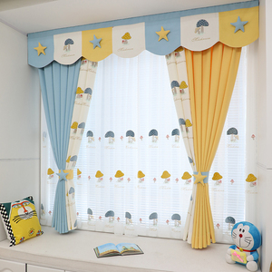 高档地中海蓝黄短款遮光窗帘儿童房男孩卧室书房飘窗棉麻布料定做
