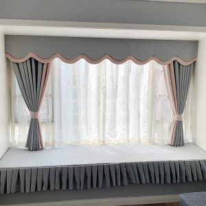 莫兰迪简约现代北欧飘窗窗帘粉灰纯色拼接客厅卧室短帘幔帘头定制