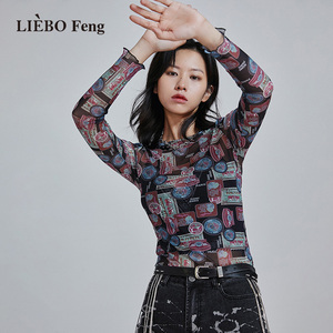 裂帛liebofeng2021春季新款商场同款印花皮肤衣针织修身长袖t恤
