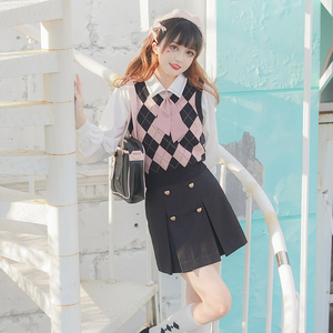 御茶家爱丽丝美式制服女jk套装春秋衬衫菱格马甲学院风背心包臀裙