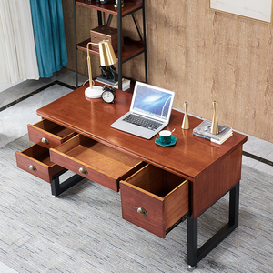 实木书桌书房家用办公桌办公室工业风铁质带抽屉电脑桌学习桌桌子