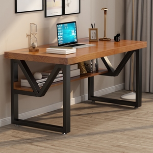 实木书桌书架一体家用电脑桌定制大工作台办公桌松木铁艺长条桌子