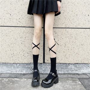 交叉绑带小腿袜子女夏季jk百搭网红中筒纯棉黑色韩版潮牌字母ins