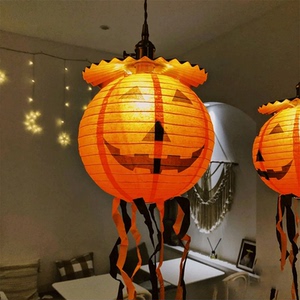 万圣节灯笼装饰用品鬼节恐怖商场布景道具笑脸油纸南瓜灯笼串挂件