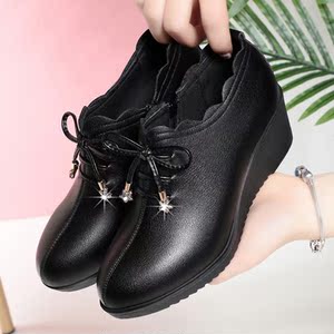 百利丽真皮中老年妈妈鞋中年老人女士皮鞋软底圆头坡跟女鞋单鞋大