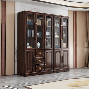 新中式实木书柜紫金檀木储物柜置物柜玻璃柜靠墙转角书房组合柜子
