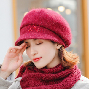 针织毛线帽子女秋冬季加厚保暖帽时尚纯色八角帽防风兔毛毛线帽子