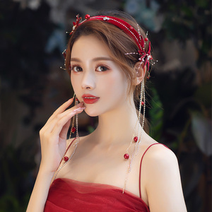 红色新娘头饰超仙甜美流苏韩式新款发带结婚小礼服敬酒服发饰