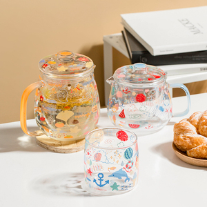 西比尔治愈玻璃茶壶茶杯带茶隔套装耐热花茶壶家用办公泡茶壶水杯