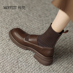 Moffett女鞋毛线拼接袜靴气质复古圆头平底乐福鞋短靴棕色瘦瘦靴