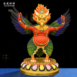 藏传佛教用品金翅大鹏鸟佛像纯铜彩绘密宗7寸22cm铜像供奉摆件